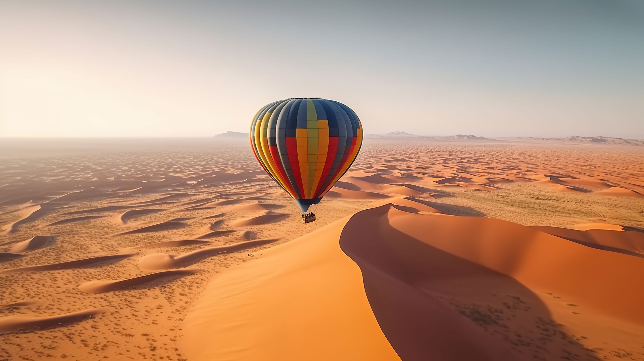 Hot air balloon flying over beautiful sand dunes AI generated image